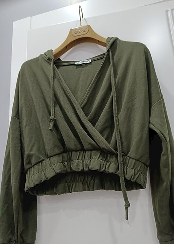 s Beden haki Renk Kemer Detaylı Kapüşonlu Kısa Sweatshirt