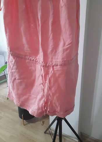 s Beden pembe Renk Pembe Keten Mini Askılı Tulum