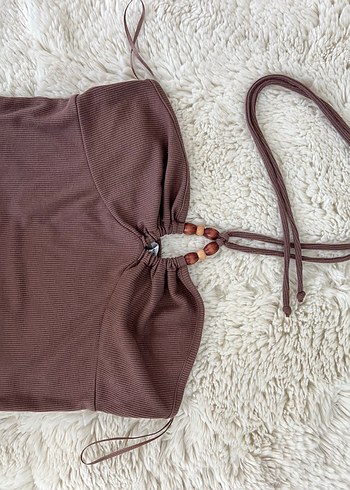 Boncuk Detaylı Kahverengi Straplez Bustiyer - Görsel 3