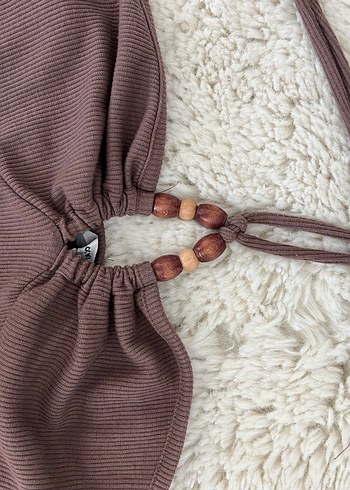 Boncuk Detaylı Kahverengi Straplez Bustiyer - Görsel 5