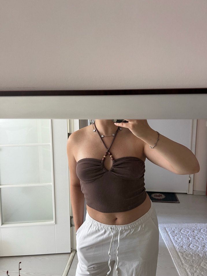 Boncuk Detaylı Kahverengi Straplez Bustiyer - Görsel 2