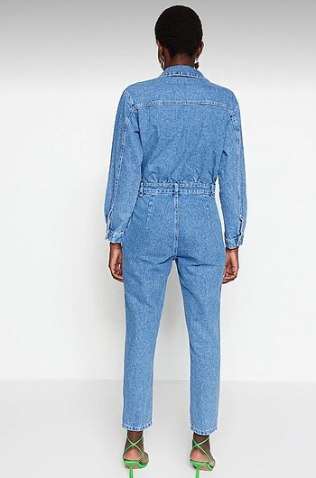 s Beden Fabien Reglan Kol Boru Paca Yumuşak Denim Tulum mavi