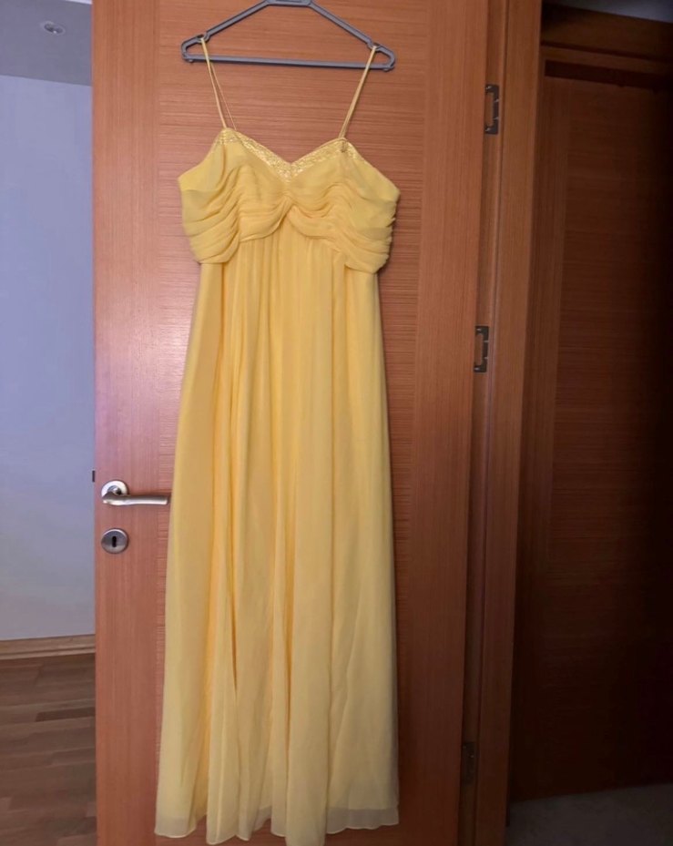 Sarı Uzun Drapeli Straplez Abiye Elbise - Görsel 2