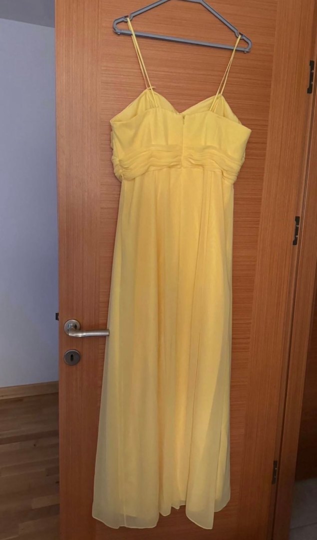 Sarı Uzun Drapeli Straplez Abiye Elbise - Görsel 4