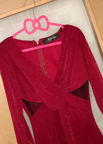 Bordo Drapeli Uzun Kollu Kadın Abiye Elbise - Görsel 2