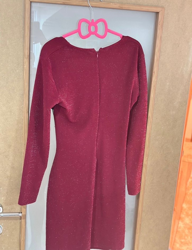 Bordo Drapeli Uzun Kollu Kadın Abiye Elbise - Görsel 3