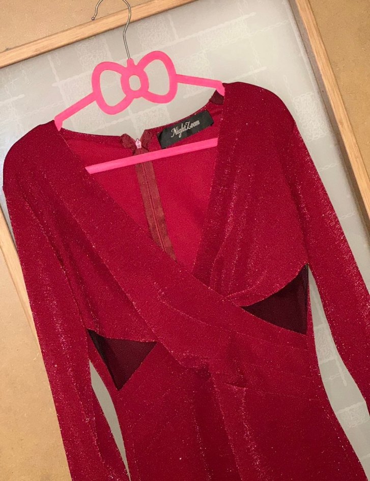 Bordo Drapeli Uzun Kollu Kadın Abiye Elbise - Görsel 2