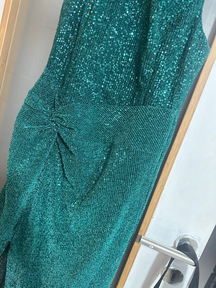 Parlak Yeşil Midi Abiye Elbise payetli - Görsel 2