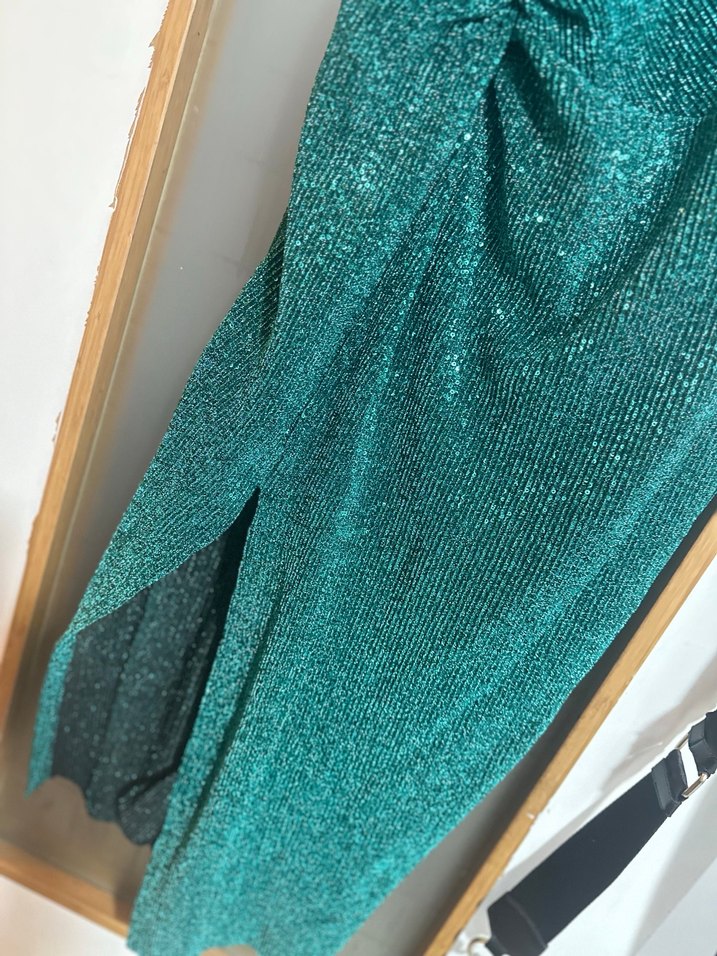 Parlak Yeşil Midi Abiye Elbise payetli - Görsel 3