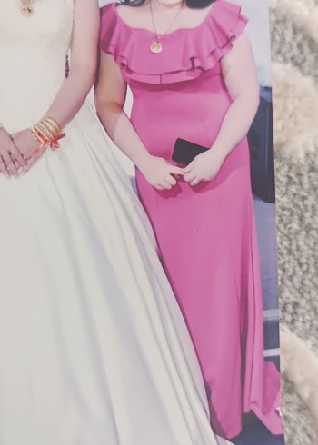 Pembe Uzun Kollu Fırfırlı Abiye Elbise
