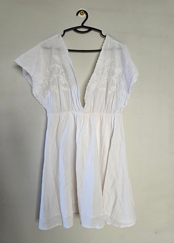 Bohem Beyaz derin V Yaka Keten elbise - Görsel 9