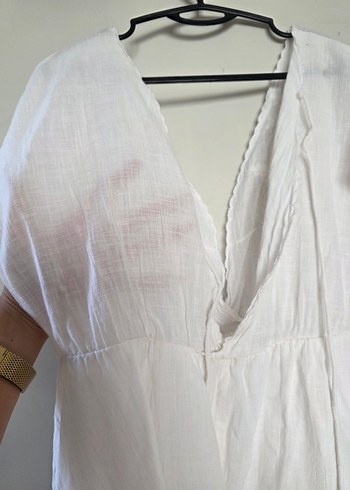 Bohem Beyaz derin V Yaka Keten elbise - Görsel 5