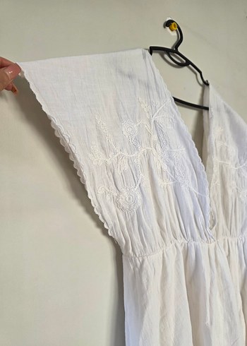 Bohem Beyaz derin V Yaka Keten elbise - Görsel 7