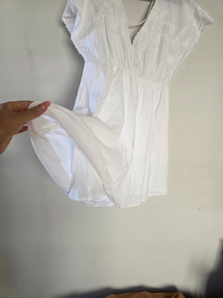 Bohem Beyaz derin V Yaka Keten elbise - Görsel 3