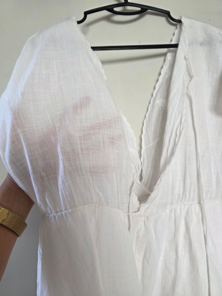 Bohem Beyaz derin V Yaka Keten elbise - Görsel 5