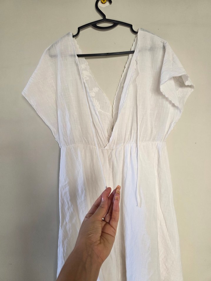 Bohem Beyaz derin V Yaka Keten elbise - Görsel 4