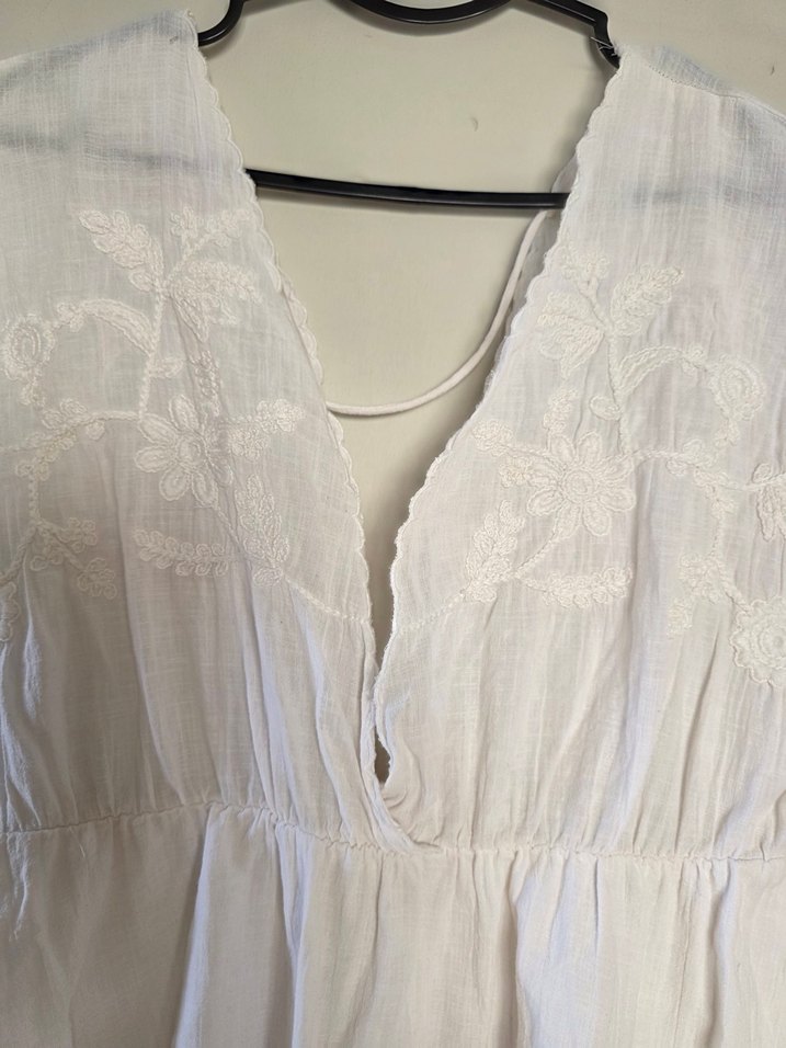 Bohem Beyaz derin V Yaka Keten elbise - Görsel 2