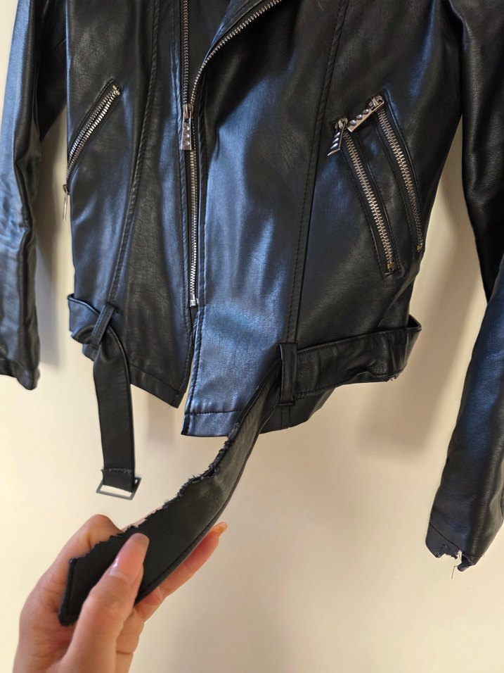 Kadın Siyah Deri Biker Ceket - Görsel 3