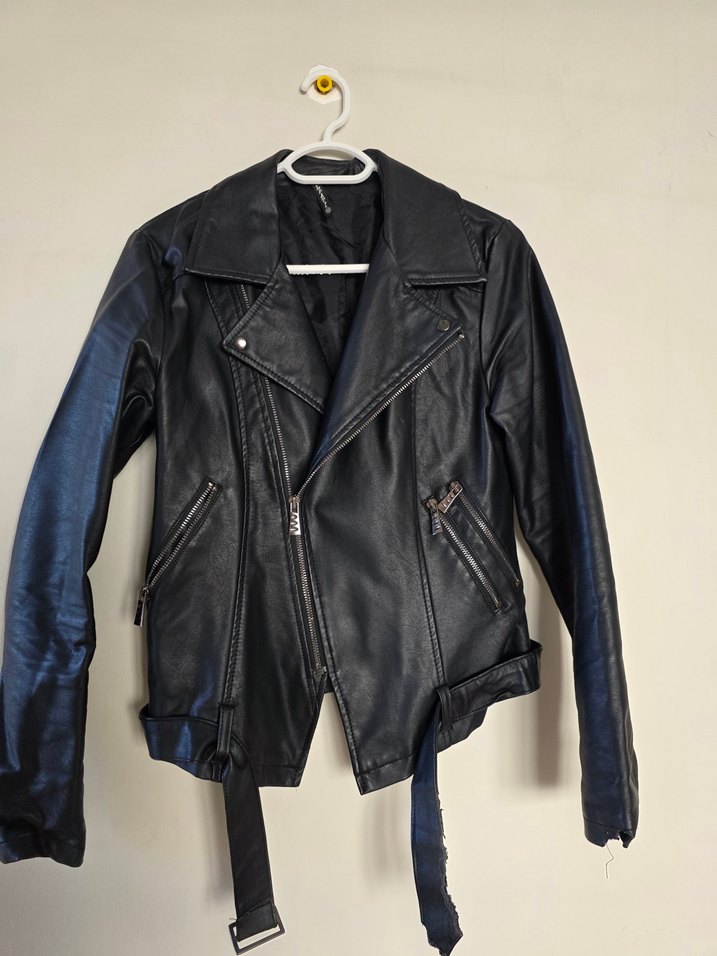 Kadın Siyah Deri Biker Ceket - Görsel 4