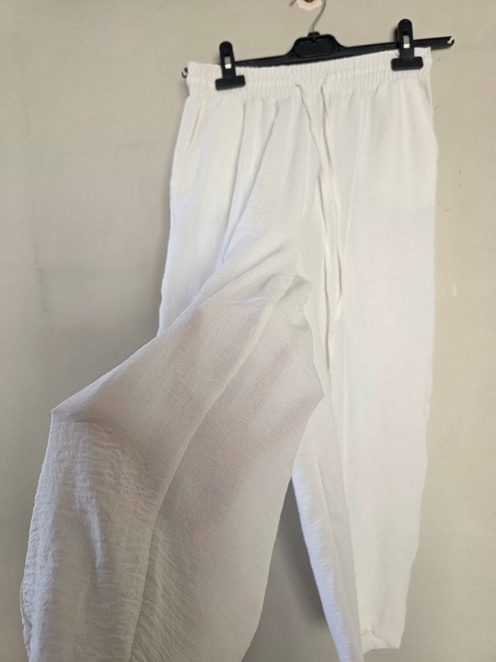 Beyaz Keten Salaş Kadın Pantolon - Görsel 3
