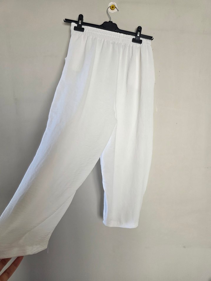 Beyaz Keten Salaş Kadın Pantolon - Görsel 5