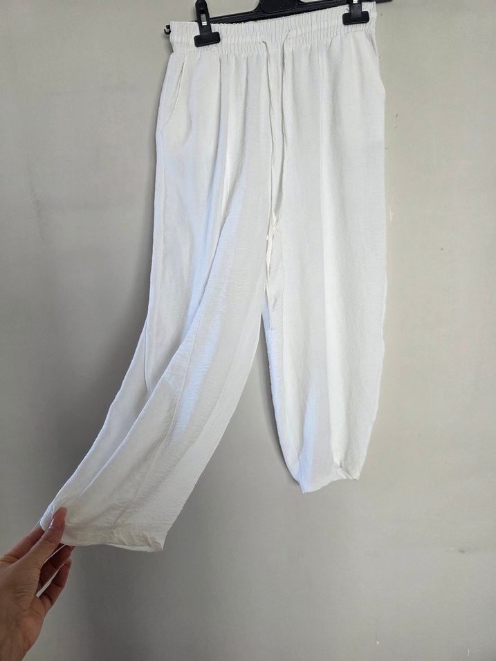 Beyaz Keten Salaş Kadın Pantolon - Görsel 2