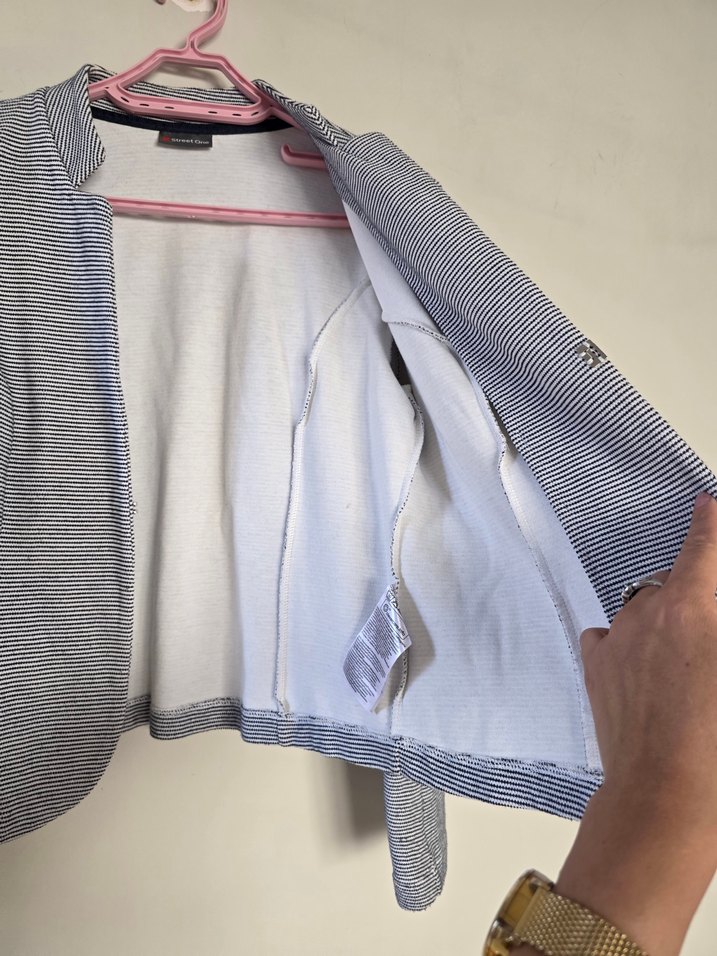 Düğmeli lacivert beyaz gri karışık Kadın fit Ceket - Görsel 3