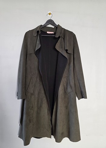 Kadın yeşil  Süet Uzun Kemerli Trençkot - Görsel 12