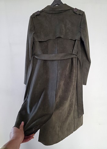 Kadın yeşil  Süet Uzun Kemerli Trençkot - Görsel 9