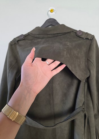 Kadın yeşil  Süet Uzun Kemerli Trençkot - Görsel 8