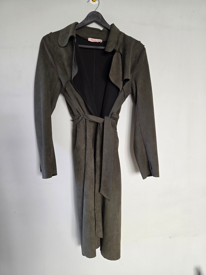 Kadın yeşil  Süet Uzun Kemerli Trençkot - Görsel 2