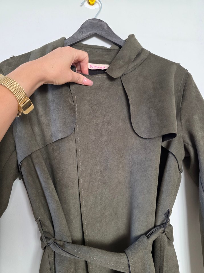 Kadın yeşil  Süet Uzun Kemerli Trençkot - Görsel 3