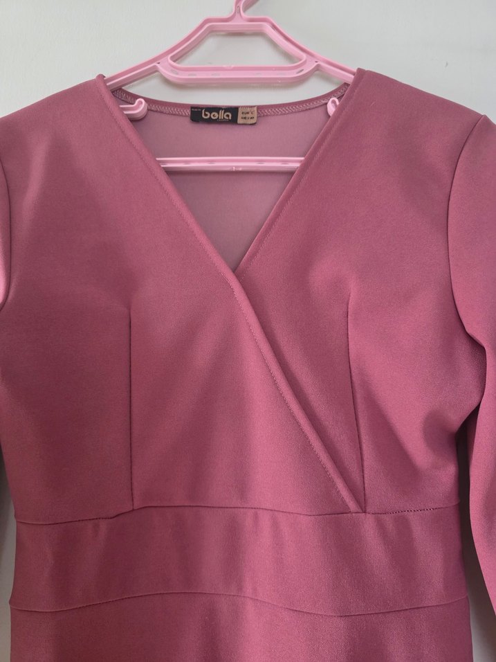 Pembe V Yakalı Midi Triko Elbise - Görsel 2