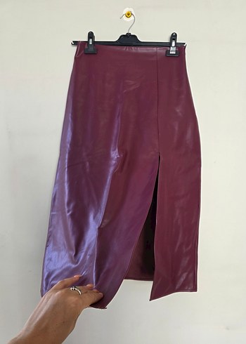 Bordo Deri Uzun Drapeli Etek - Görsel 2