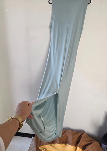 l Beden gri Renk Su yeşili Saten Uzun Drapeli Kadın Elbise