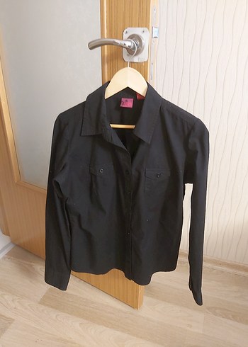 Düğmeli Siyah Kadın Pamuk Gömlek - Görsel 3