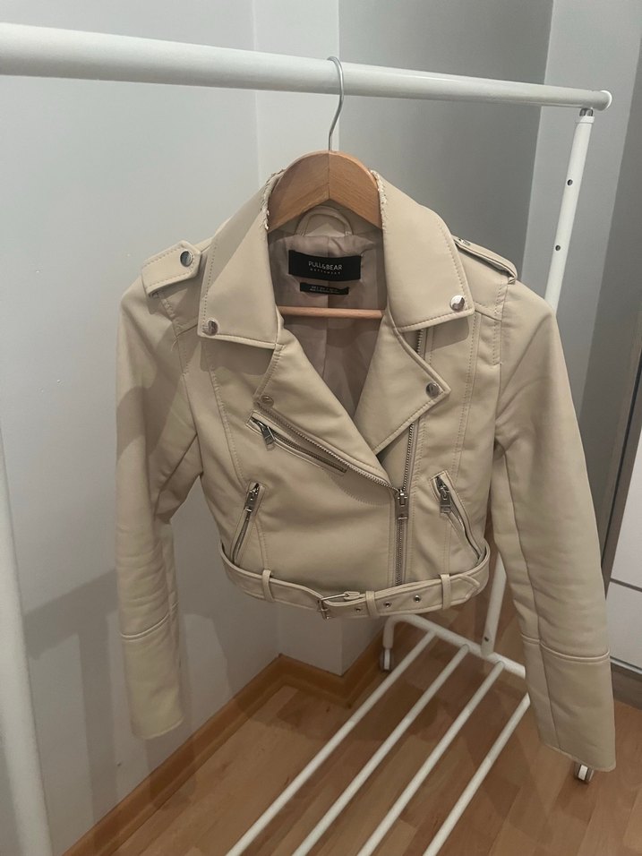 Pull and Bear Bej Deri Kemerli Kısa Ceket - Görsel 3