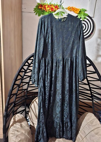 yeşil tül detaylı  Desenli Uzun Kadın Elbise - Görsel 2