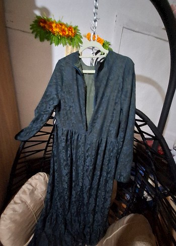 yeşil tül detaylı  Desenli Uzun Kadın Elbise - Görsel 10