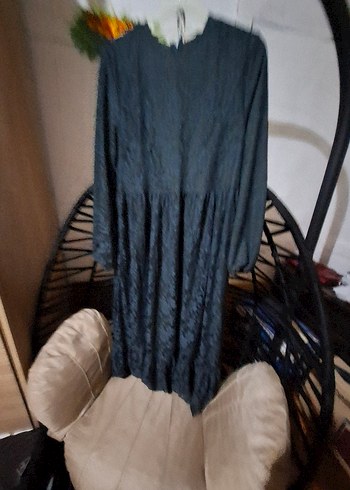 yeşil tül detaylı  Desenli Uzun Kadın Elbise - Görsel 8