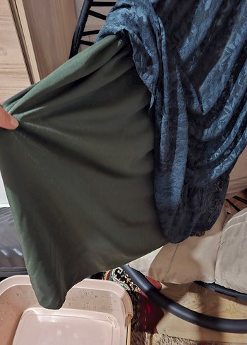 yeşil tül detaylı  Desenli Uzun Kadın Elbise - Görsel 4