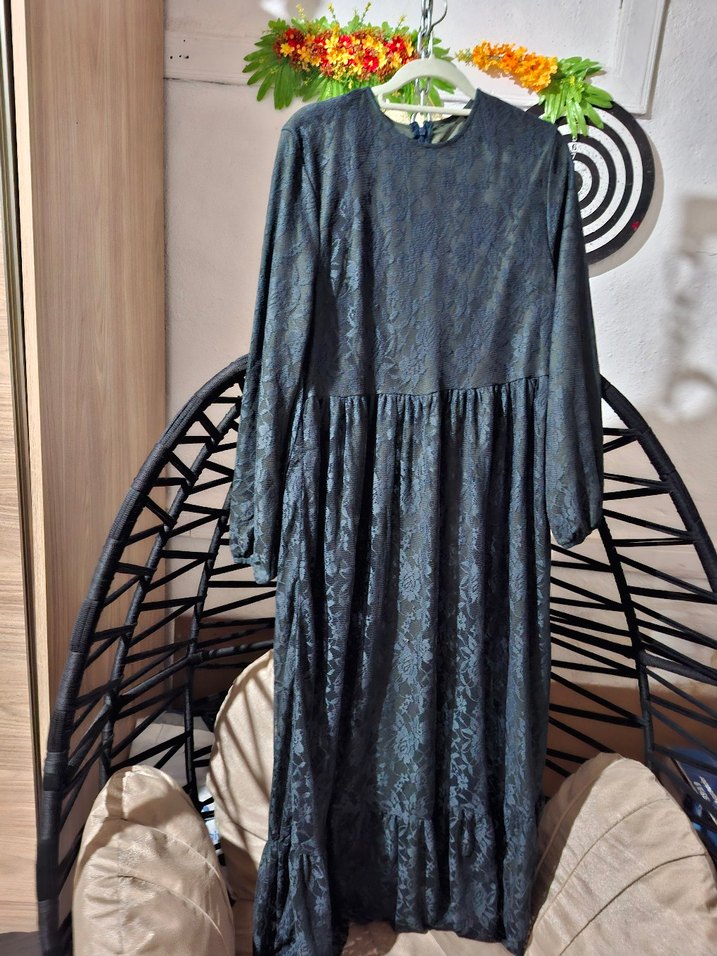 yeşil tül detaylı  Desenli Uzun Kadın Elbise - Görsel 2