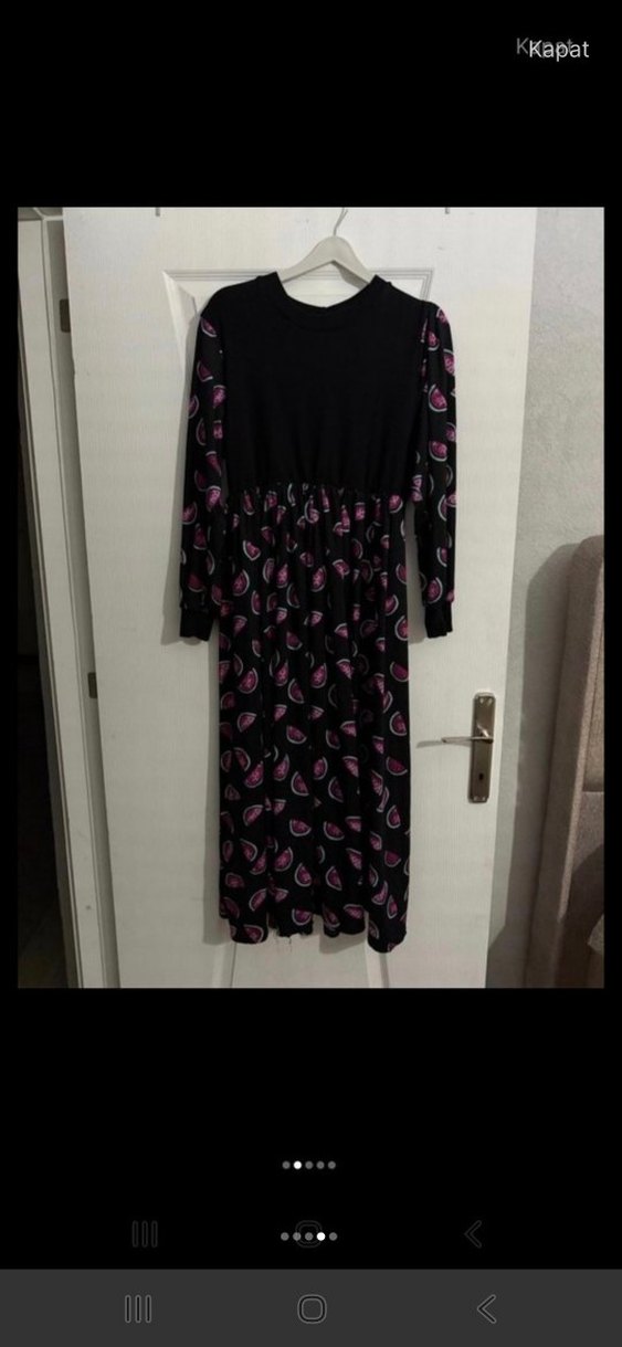 Uzun Kollu, Pileli, Bağlama Desenli Mor Elbise - Görsel 4