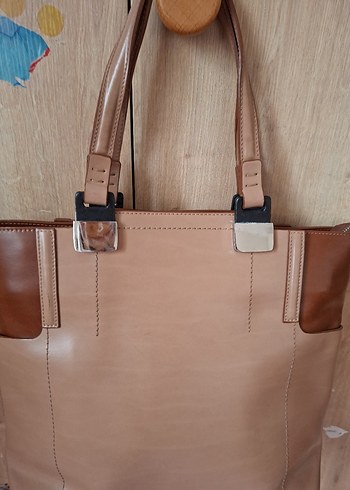 Bej Deri Kadın Omuz Çantası Tokalı - Görsel 3