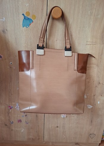 Bej Deri Kadın Omuz Çantası Tokalı - Görsel 2