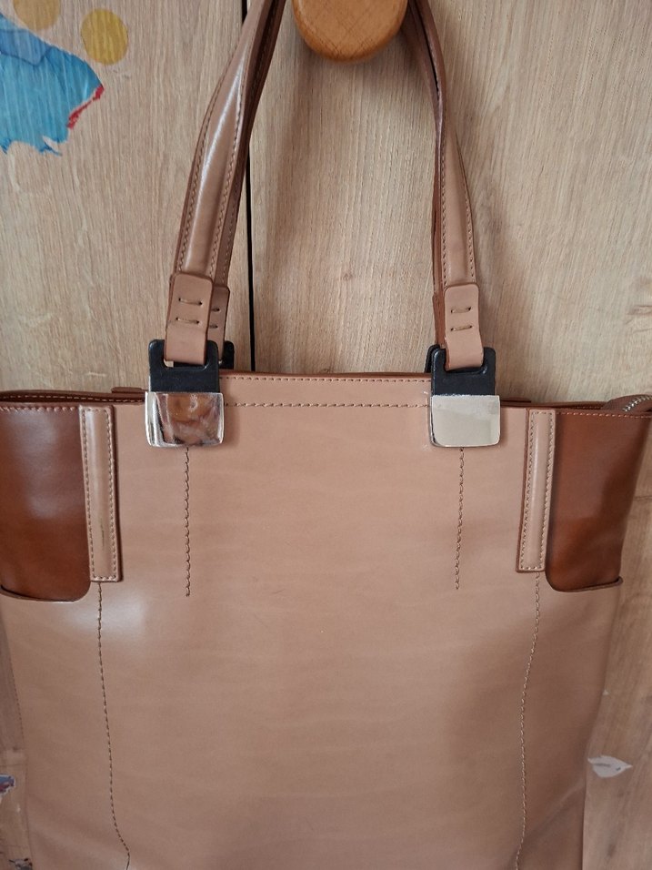 Bej Deri Kadın Omuz Çantası Tokalı - Görsel 3