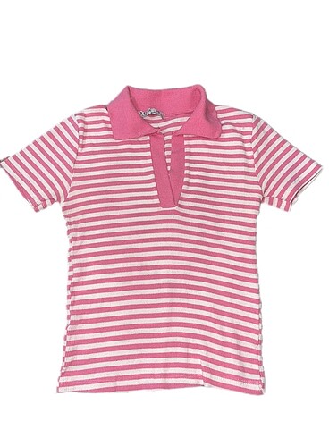 Pembe beyaz çizgili polo yaka kadın kısa kollu
