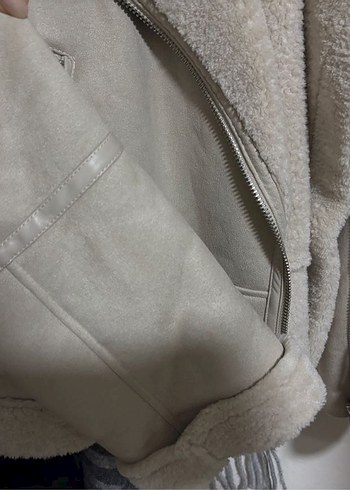 Kürklü Bej Süet Kadın Ceket Stradivarius - Görsel 5