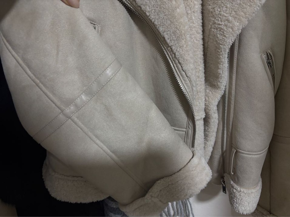 Kürklü Bej Süet Kadın Ceket Stradivarius - Görsel 5