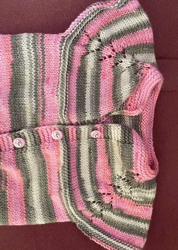 Kız Çocuk Pembe Gri Çizgili Örgü Hırka - Görsel 2